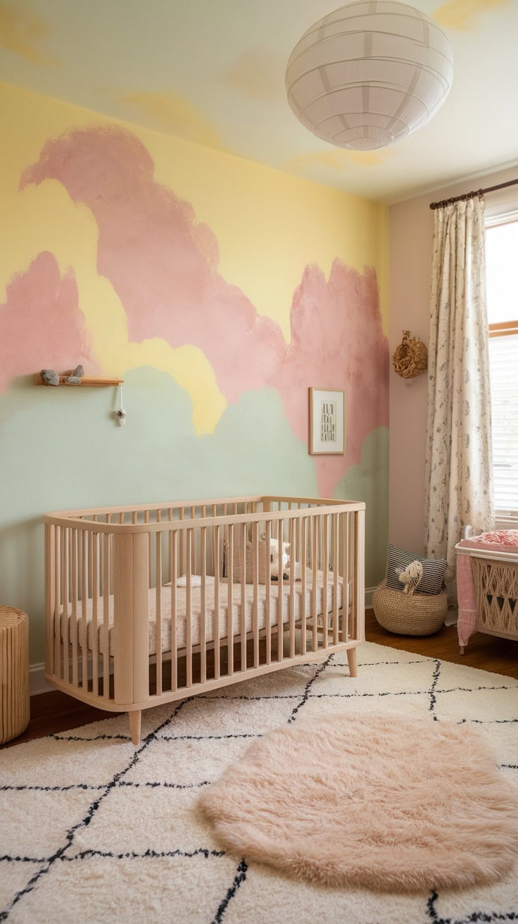 Pastel yellow children's room with cloud murals, cot and soft decoration.