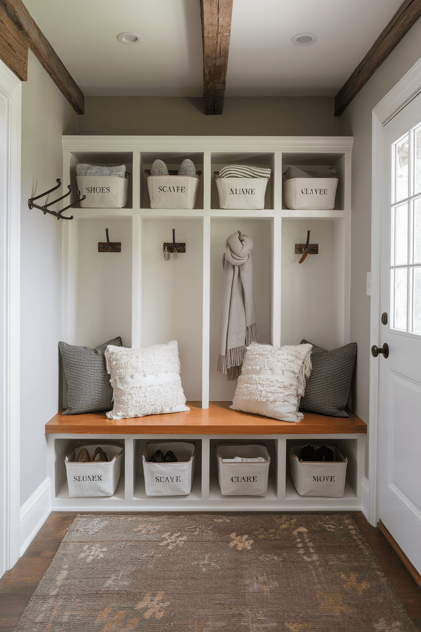 Mudroom with built -in bank, cubbies and decorative pillows with labeled storage baskets.