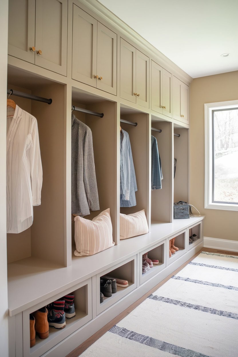 Mudflaps with built-in cupboards and lockers as well as organized storage for clothes and shoes.