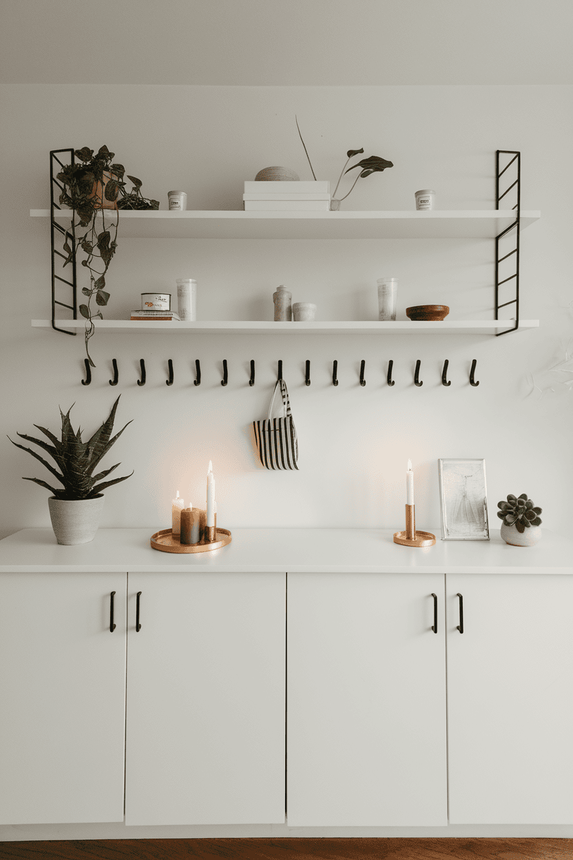 Mudroom furniture with floating shelves and hooks, with plants and decorative items.