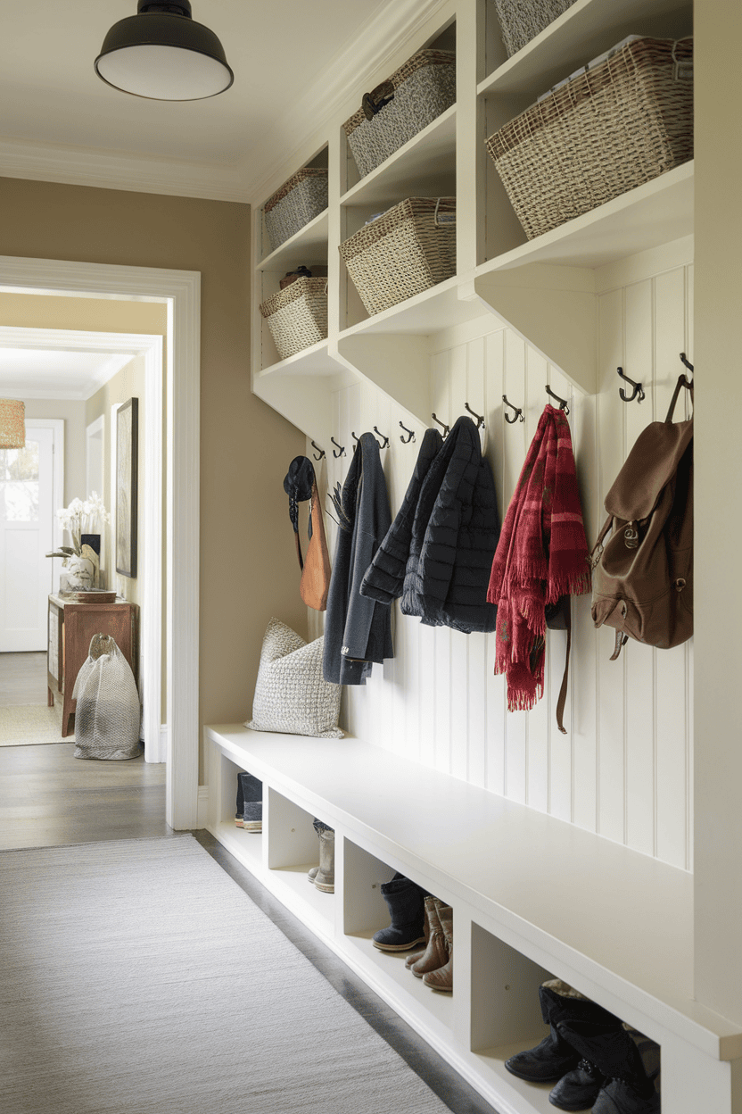 Mudroom hallway with built-in coat racks, shelves and a bench for shoes.