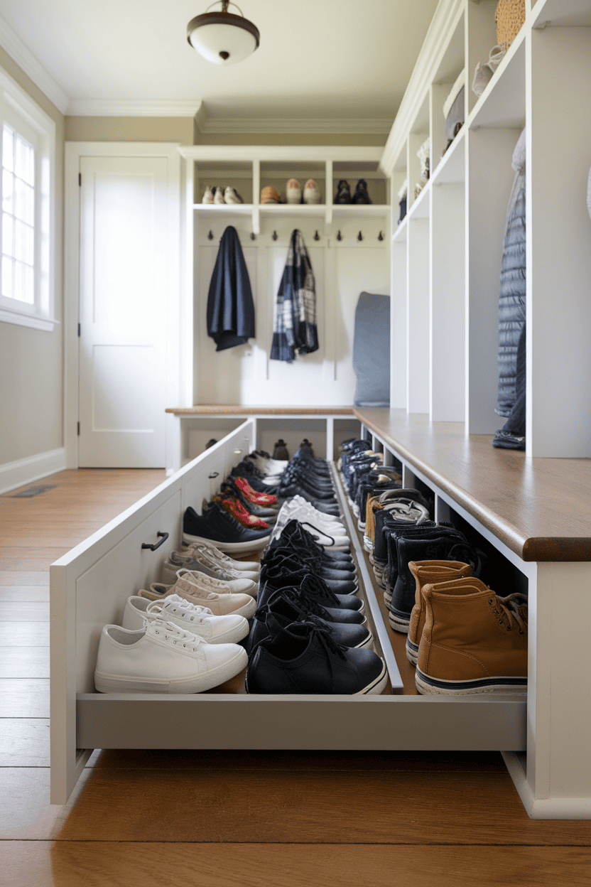 Mud flaps with pull-out drawers for storing various shoes