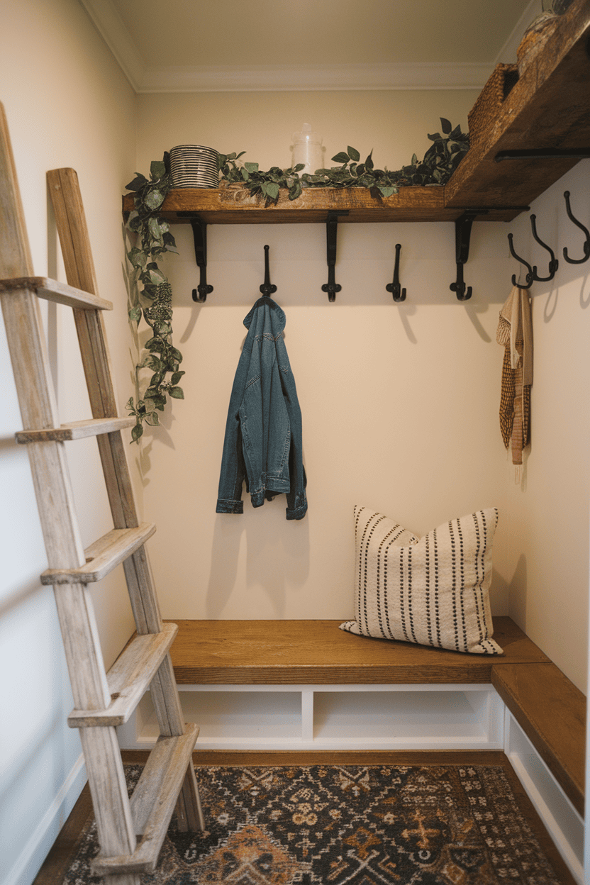 A cozy mudroom with a wall of hooks hanging various coats and a wooden bench underneath.