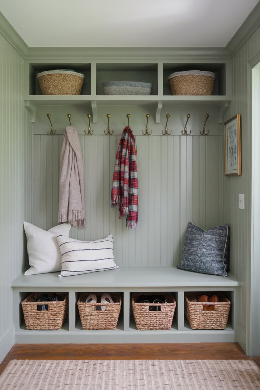 Cozy small bathroom with built-in bench with hooks, stylish pillows and storage baskets.