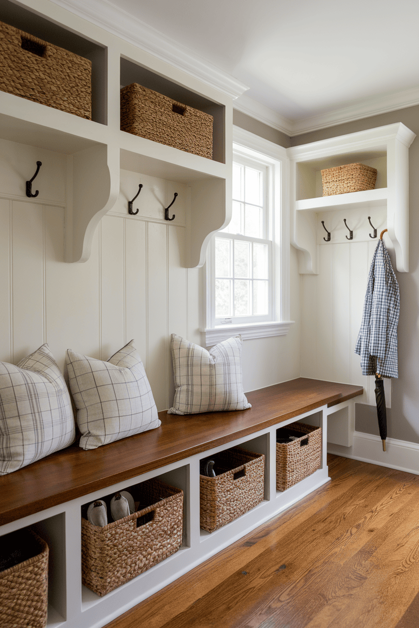 A mudroom with a built-in wooden bench with cushions, storage compartments below and hooks above for hanging coats and bags.