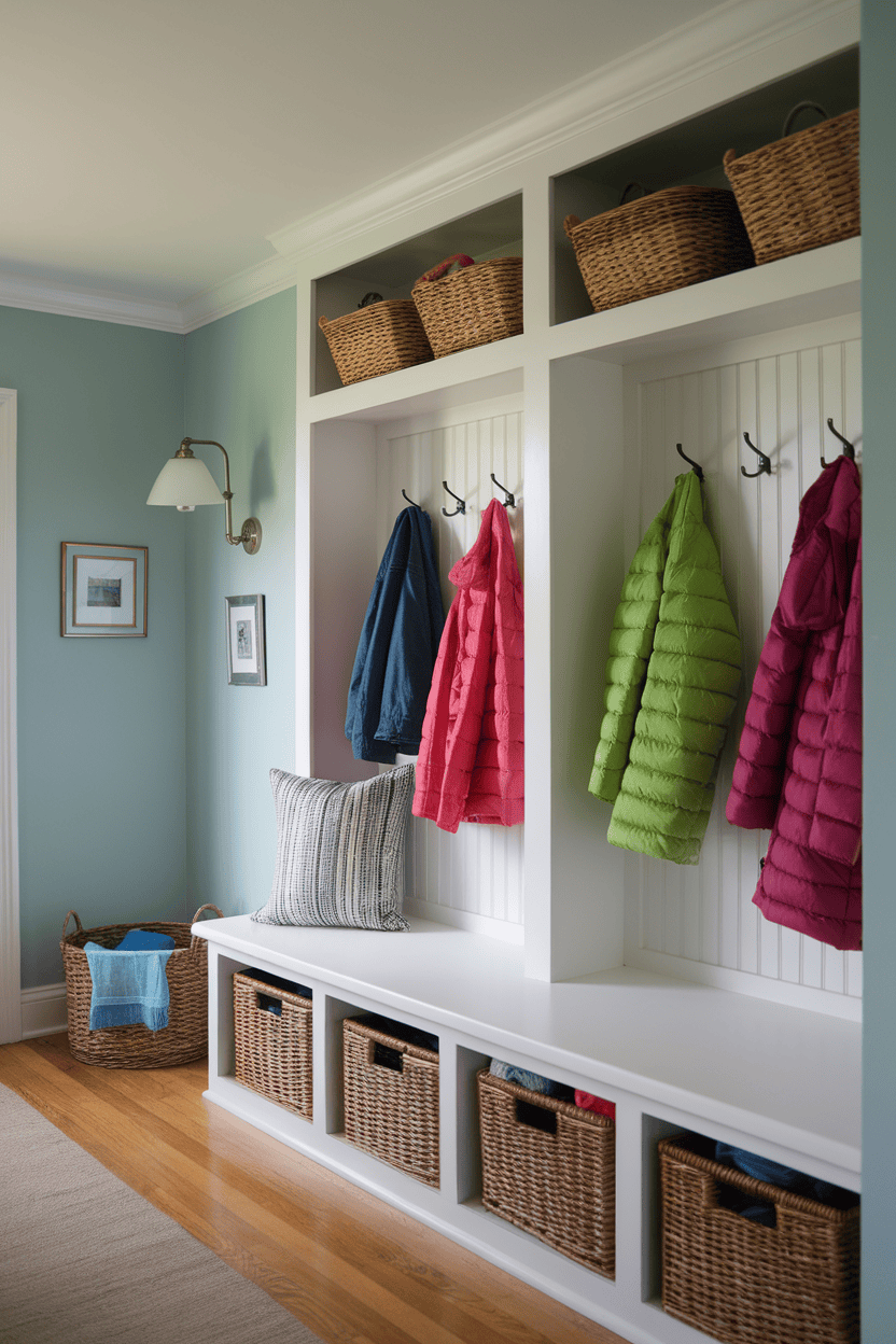 A built-in mudroom wardrobe with a bench, hook for jackets and woven baskets for storage.