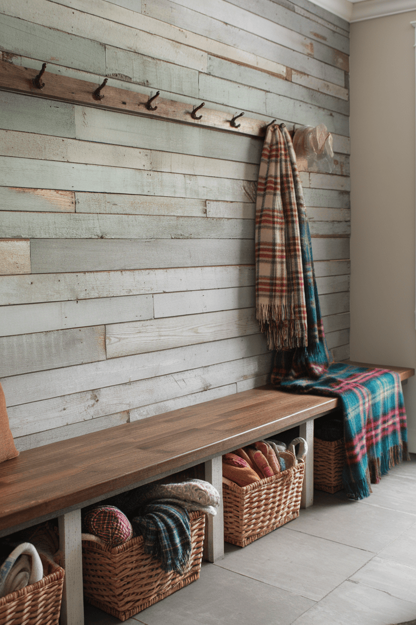 A rustic mudroom with a reclaimed wood bench, woven baskets for storage and hooks for hanging items.