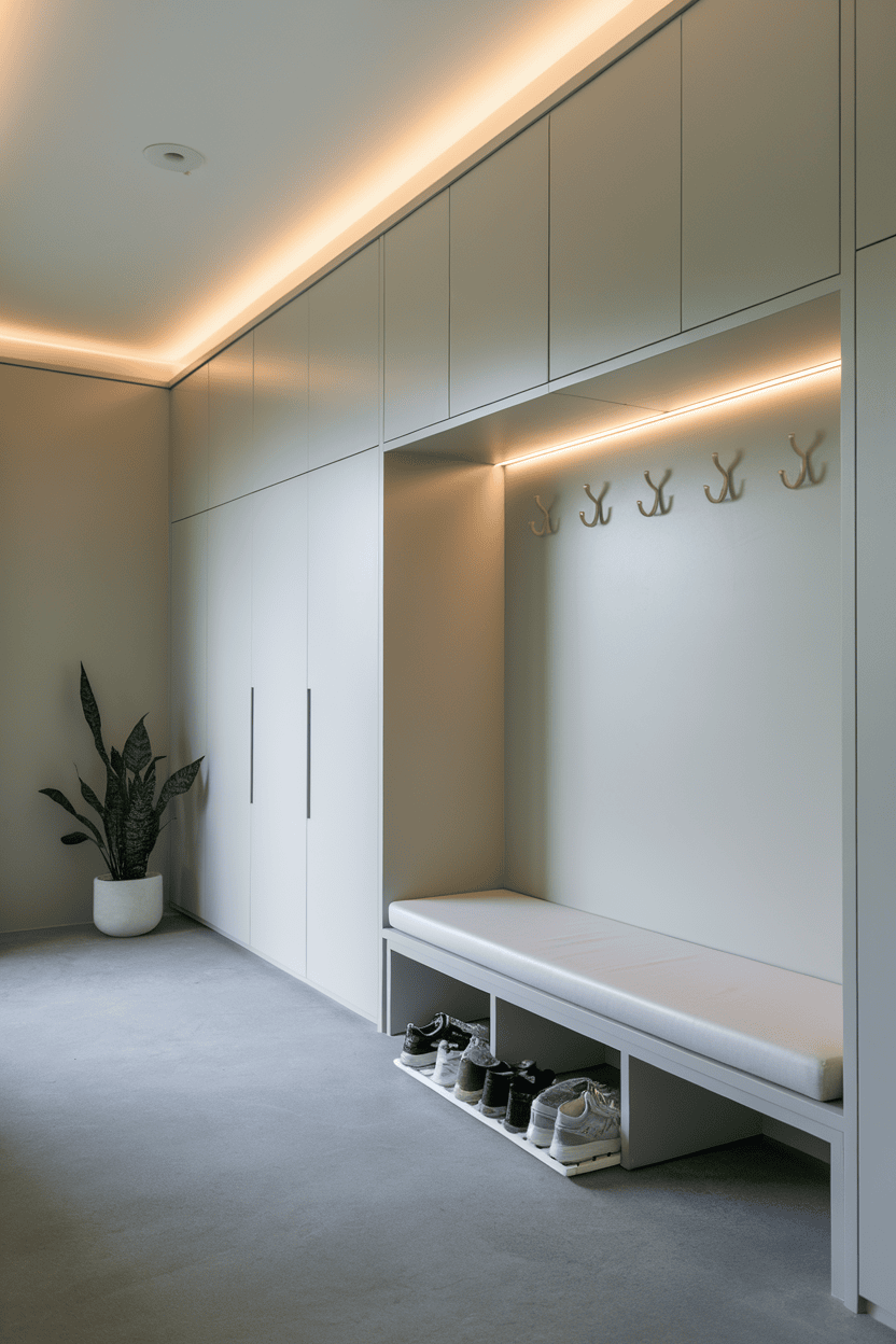 A minimalist mudroom with bright cabinets, a bench, a plant, and organized shoes.