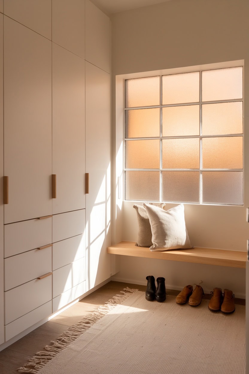 A Scandinavian-style mud room with elegant built-in cabinets, a cozy bench and natural light.