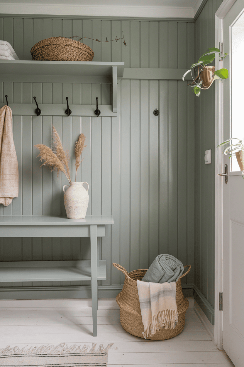 Scandinavian mud room in earth tones with a table with towels, a plant and hooks on the wall.