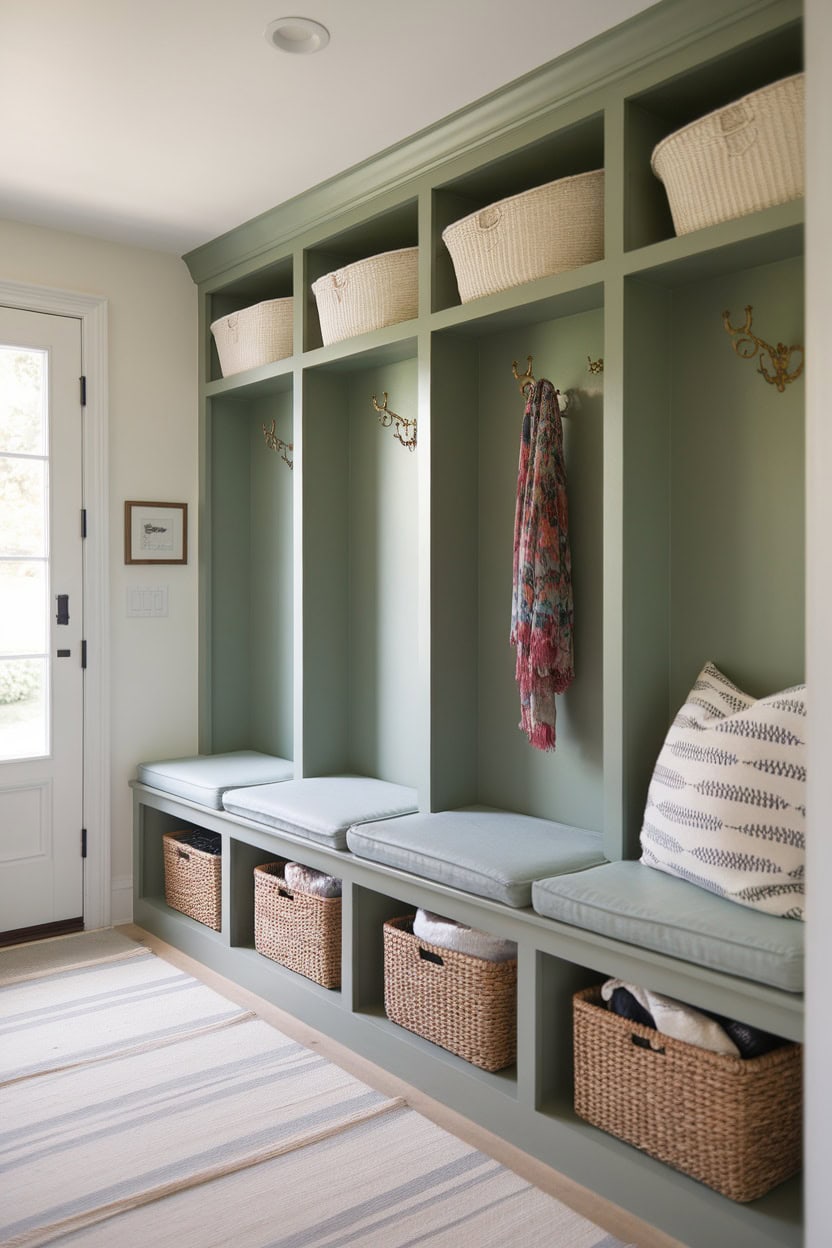 A stylish mudroom entryway with built-in lockers, a cozy bench and storage baskets.