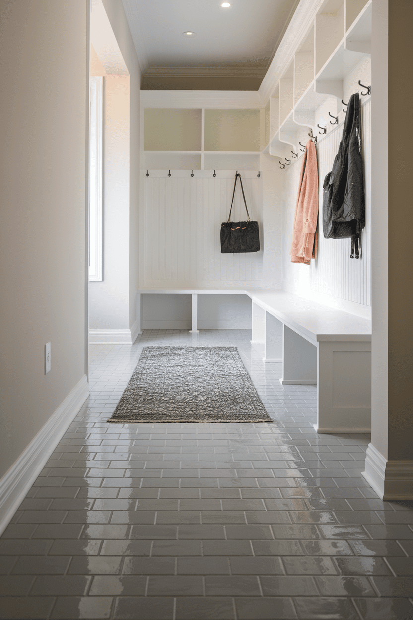 Modern bathroom with gray ceramic tile floor and white furniture