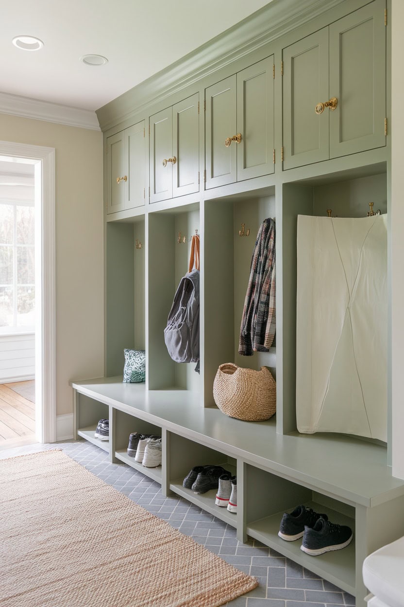 Bespoke built-in cloakroom cupboards with elegant paneled doors provide organized storage for bags and shoes.