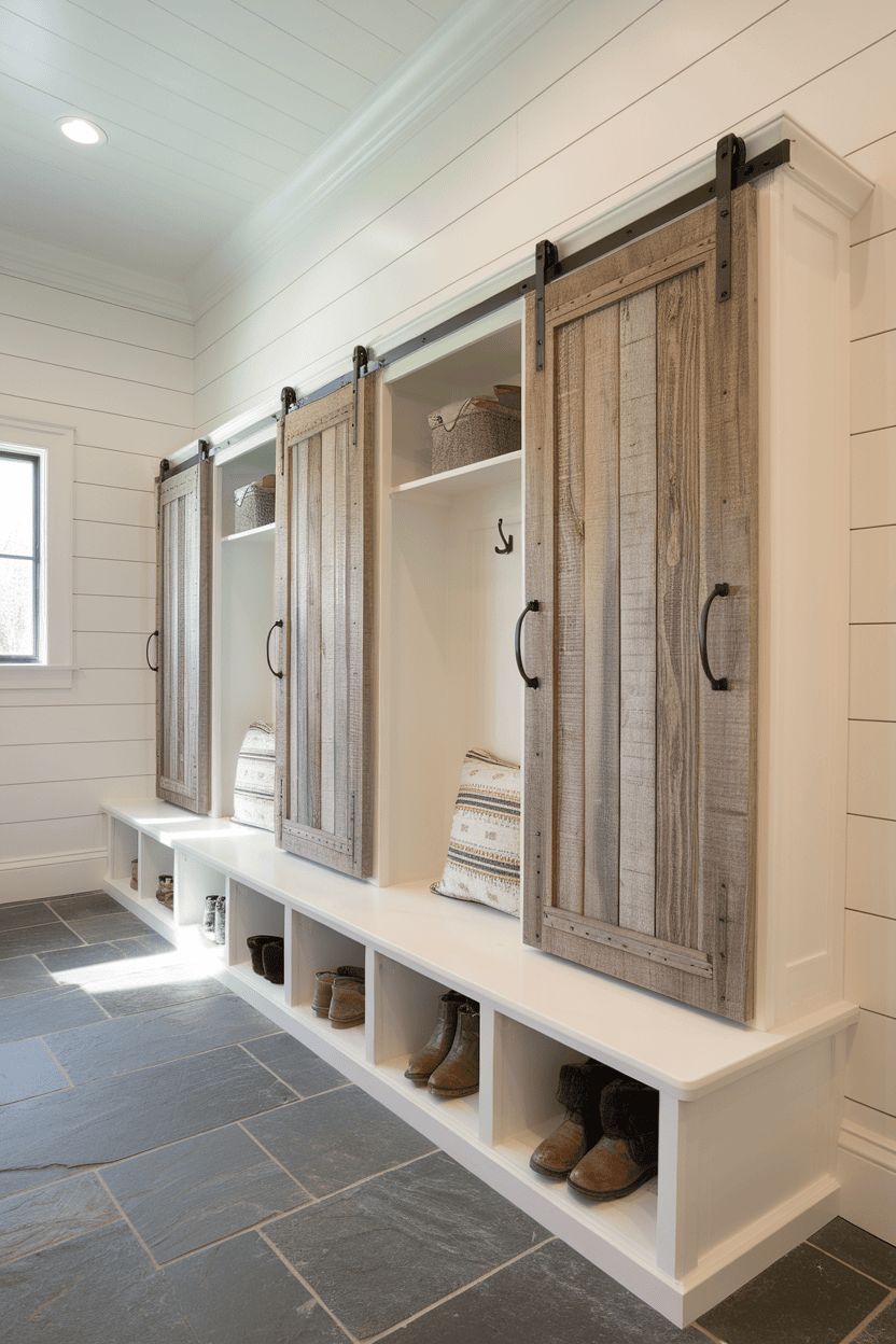 Rustic coat closets with reclaimed barn wood doors and storage space.