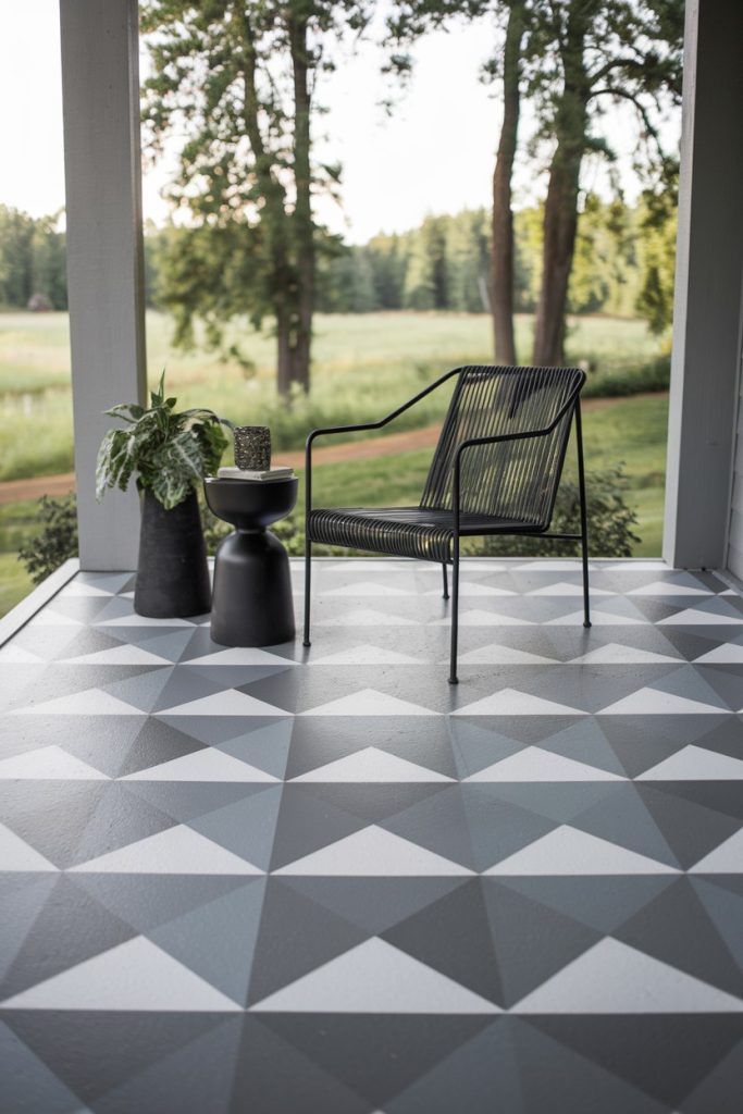 A modern patio with a geometric patterned floor, a black chair and two black planters with green plants against a background of trees and greenery.