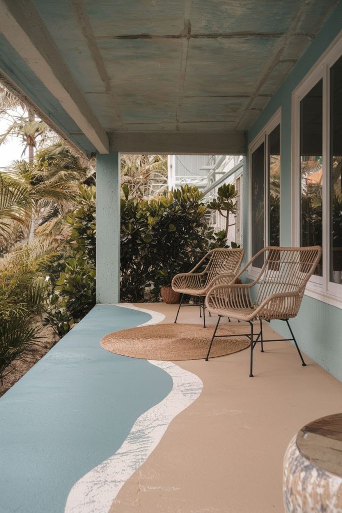 Covered patio with two wicker chairs, a round rug and a painted wave pattern on the floor. Lush plants surround the area next to large windows.