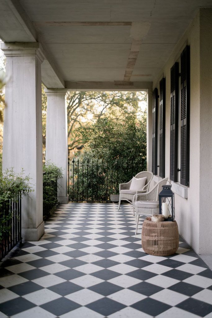 A porch with a black and white checkered floor, wicker furniture and green plants.