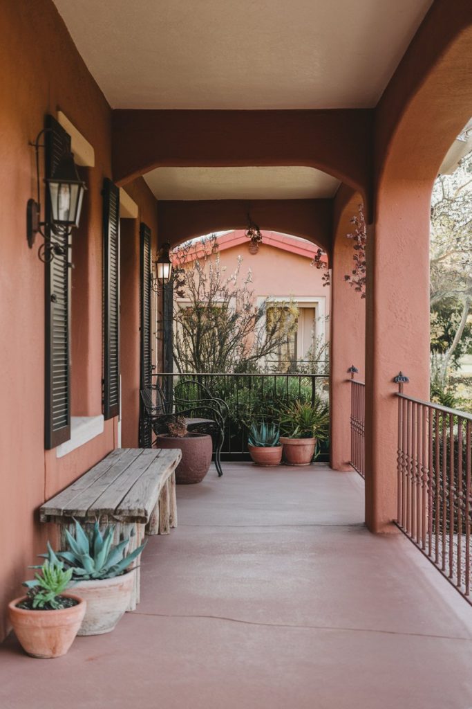 A terracotta-colored porch with potted plants, a wooden bench and arched openings leading to a garden area with a small pink structure in the background.