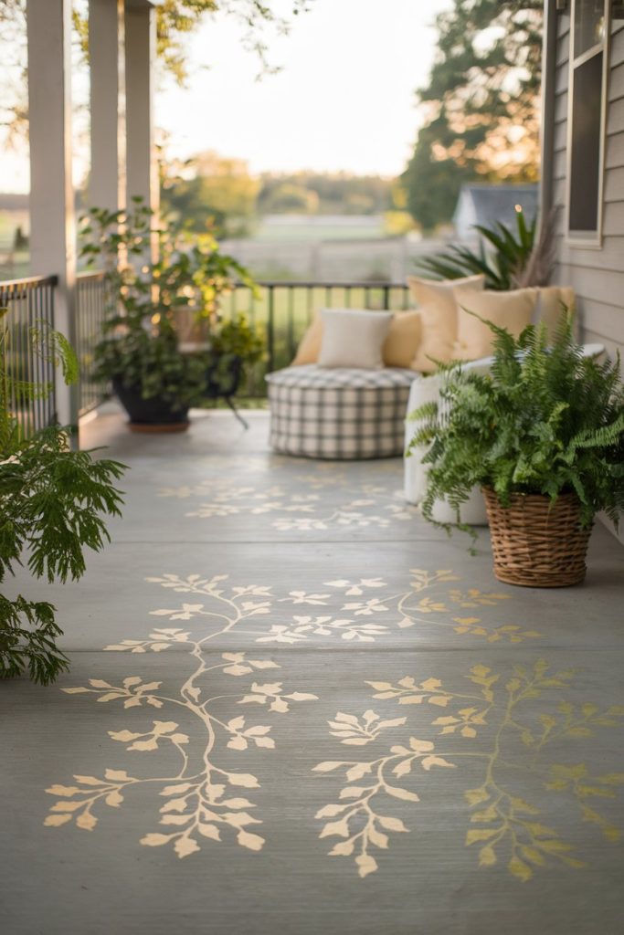 A porch with patterned flooring, a cushioned seat and potted plants including ferns in a tranquil outdoor setting.