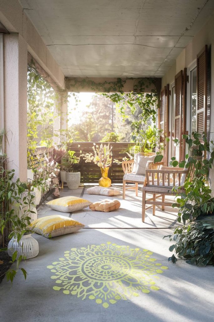 A sunlit balcony with wooden furniture, decorative cushions, potted plants and a patterned floor design.