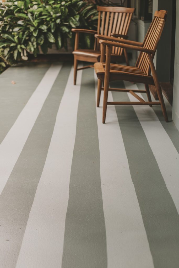 Two wooden chairs on a porch with striped gray and white flooring, next to green leafy plants.