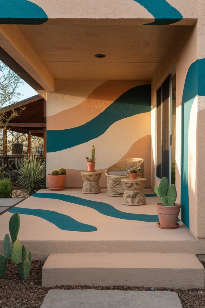 Modern porch with abstract wavy painted design, two wicker chairs, round tables and various potted cacti.