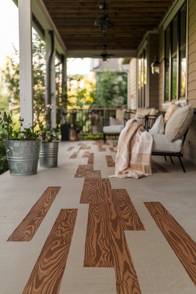 A covered porch with wooden floors, two cushioned chairs, a blanket and potted plants.