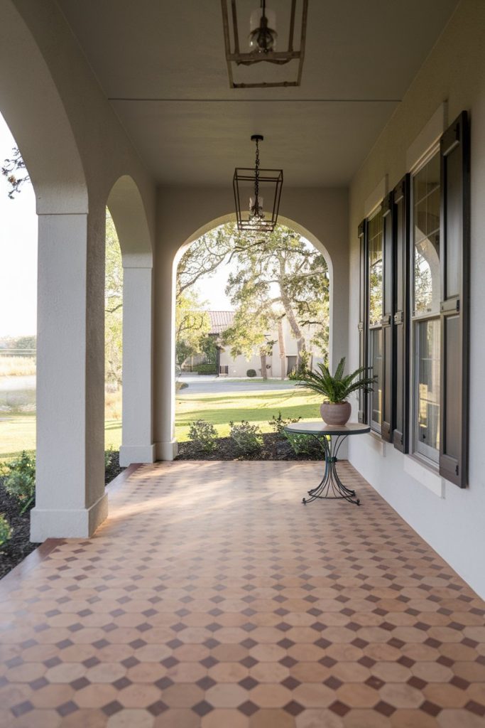 A covered porch with a geometric tile floor, a potted plant on a small table and two lantern lamps. Arched openings reveal views of a lawn and a distant house.