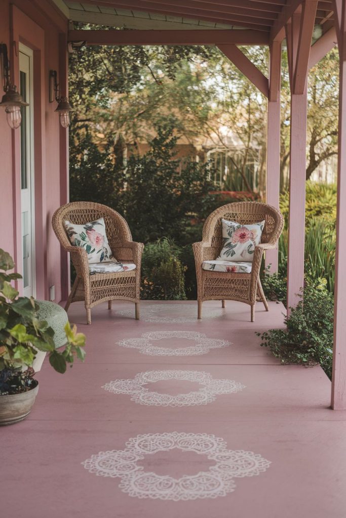 A cozy porch with two wicker chairs with floral cushions and a potted plant. The pink floor is decorated with decorative white patterns and the veranda is surrounded by greenery.