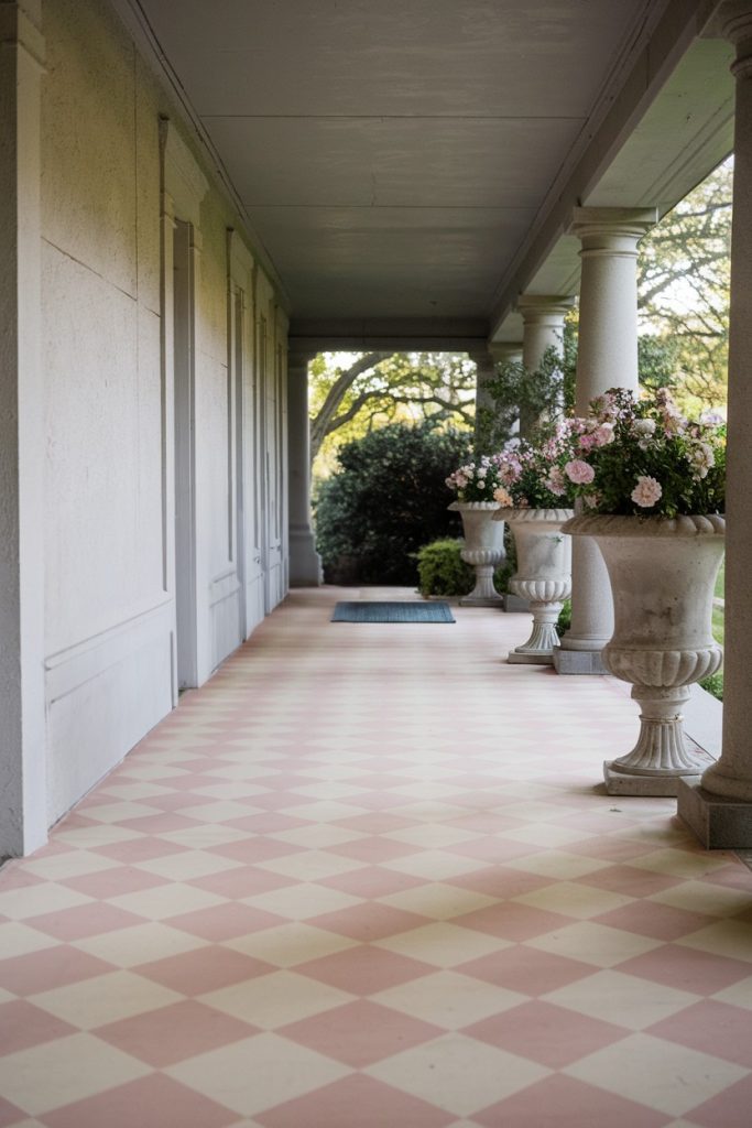 A long covered porch with checkered tile flooring, columns and large potted plants with pink and white flowers. Trees and greenery can be seen in the background.