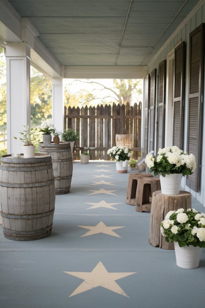 A covered porch with barrel tables, white potted flowers, rustic stools and star patterns on the floor. A wooden fence and trees can be seen in the background.