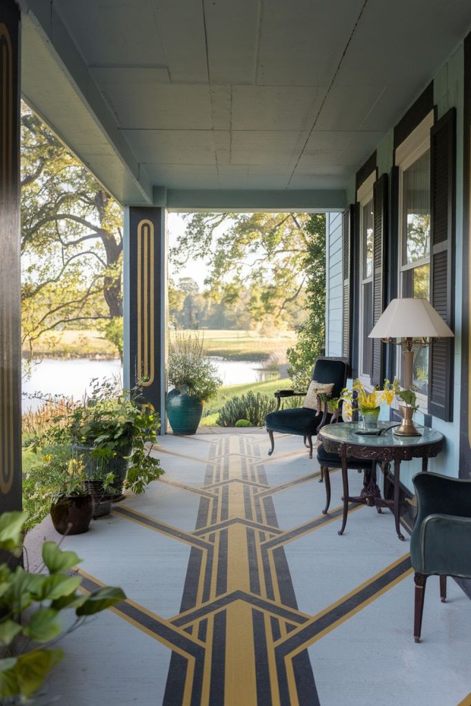 A veranda with a geometric patterned floor, two chairs, a table with a lamp and potted plants. There are large windows on the right and trees are visible outside.