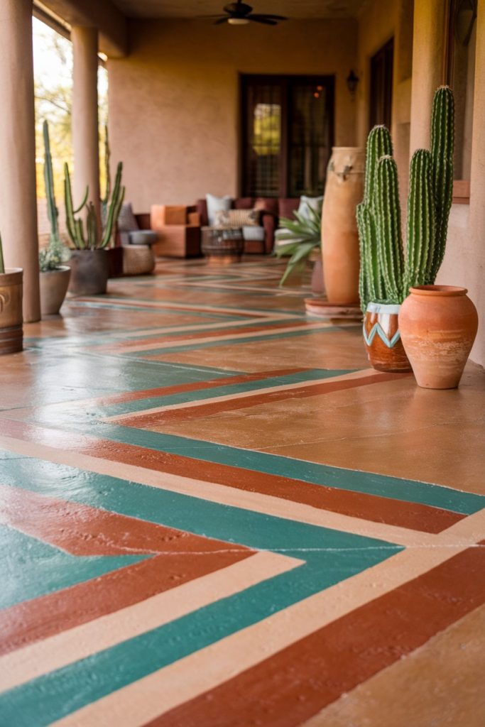 Colorful zigzag pattern on the porch with potted cacti and desert plants on the walls leading to the seating area with sofas and chairs.