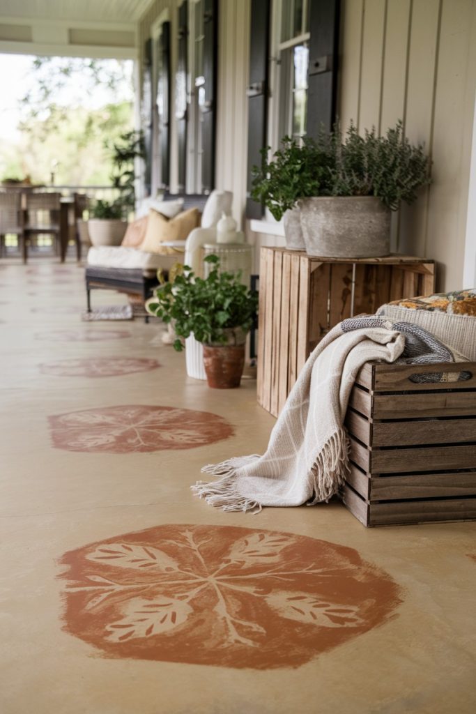 A porch with a painted floor decorated with potted plants, a wooden box, a blanket and a bench.