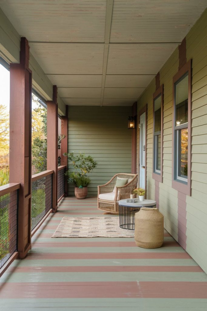 A wicker chair, a small table, a potted plant and side lights stand on a veranda with green walls and striped floors.