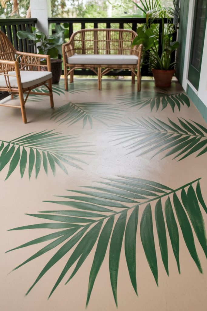 Outdoor patio with a floor painted with green tropical leaf patterns, rattan chairs and lush potted plants.