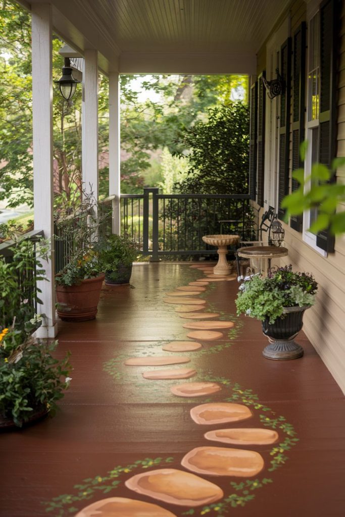 A porch with a painted stone path pattern on the ground, surrounded by potted plants and seating, under a shaded roof.