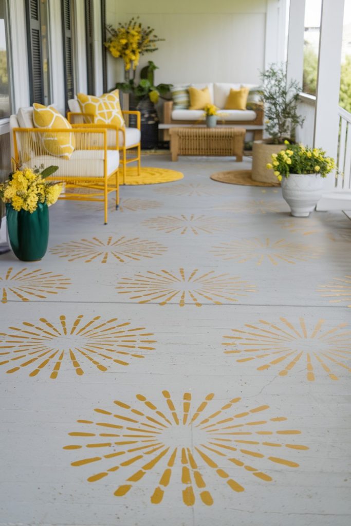 A porch with yellow and white decor, patterned floor patterns, a wicker sofa, chairs with yellow cushions and plants.