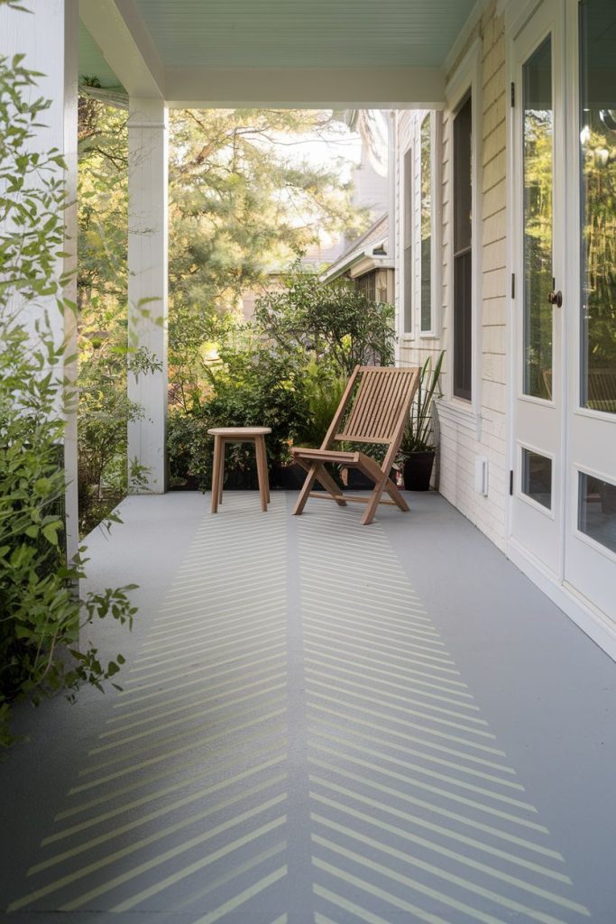 Wooden chair and stool on a veranda with a patterned floor, surrounded by plants and a view of greenery.