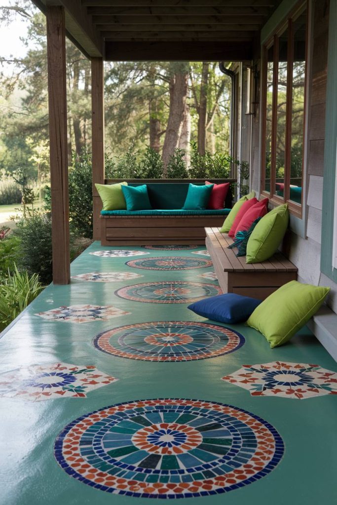 A porch with a decorative mosaic floor with colorful circular patterns. There is a wooden bench with colorful cushions and a view of a garden with trees in the background.