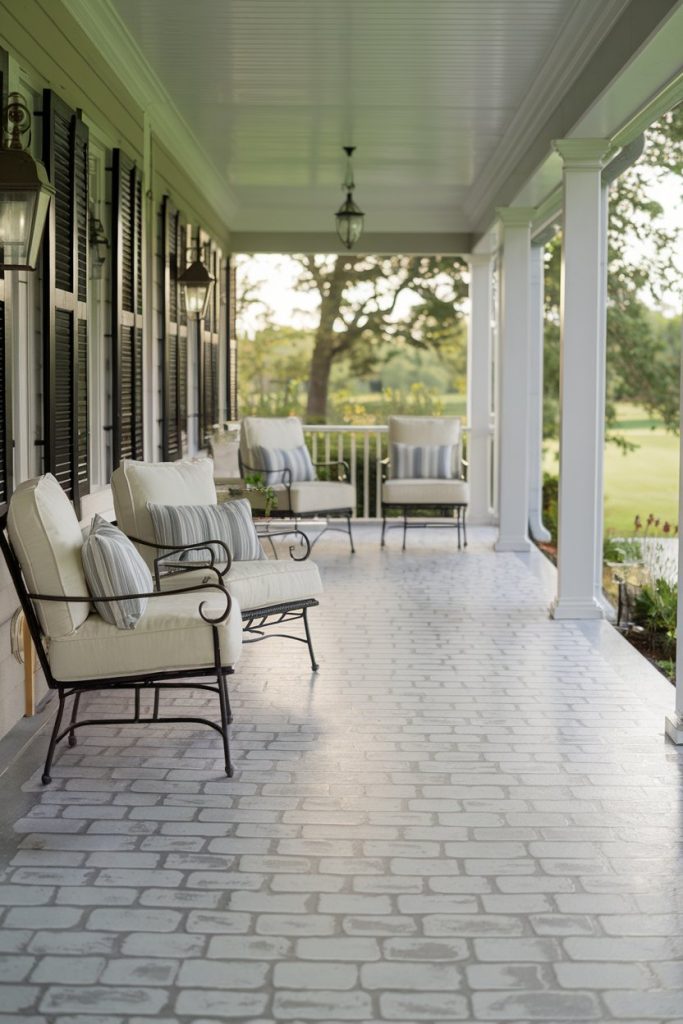 A covered porch with white brick flooring, black-framed windows, and metal chairs with cushions overlooks a green lawn and trees.