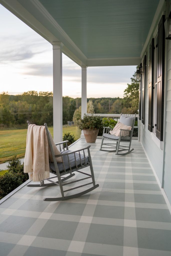 A porch with two gray rocking chairs, a blanket draped over one, overlooks a grassy landscape under a partly cloudy sky.