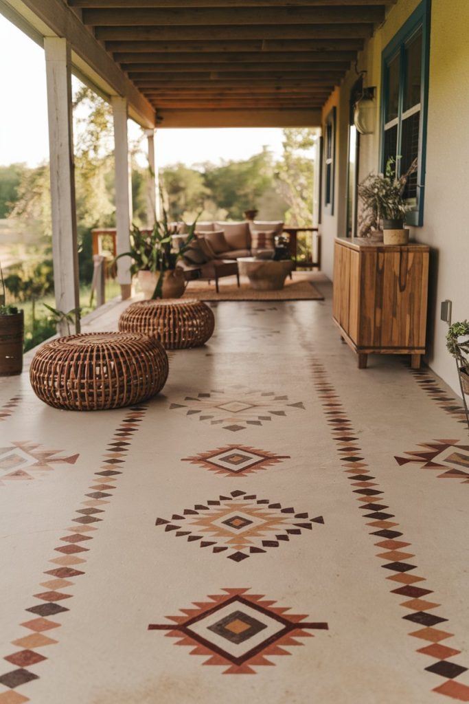 Covered porch with patterned floor tiles, wicker stools and wooden furniture. Plants and couch in the background.