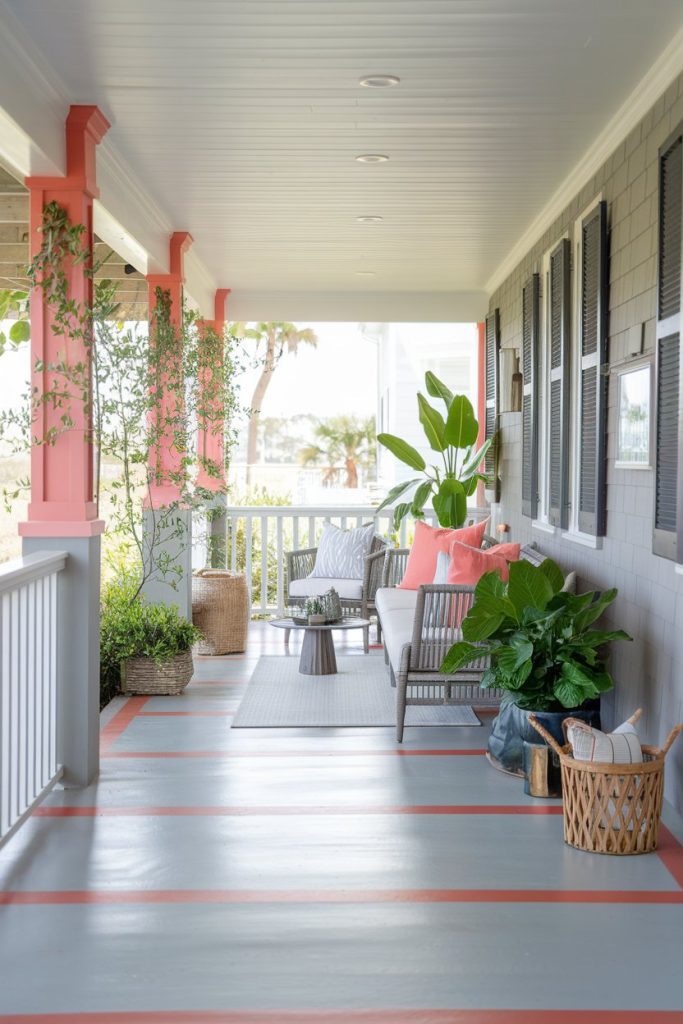 A porch with plants, a white sofa with pink cushions and a small coffee table. Coral accents highlight the columns and glimpses of greenery can be seen in the background.