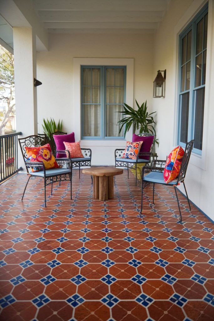 A terrace with two wrought iron chairs and a bench, each decorated with colorful cushions. A small wooden table stands in the middle on a terracotta tile floor, with two potted plants next to it.