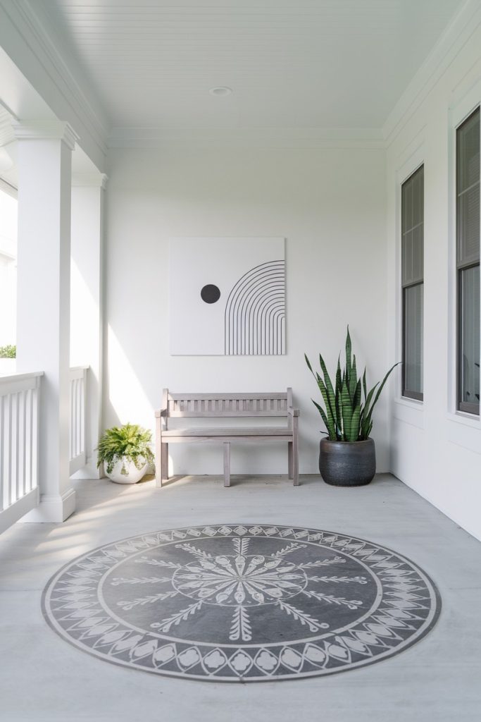 A porch with a wooden bench, potted plants, geometric wall art and a circular patterned rug on the floor.