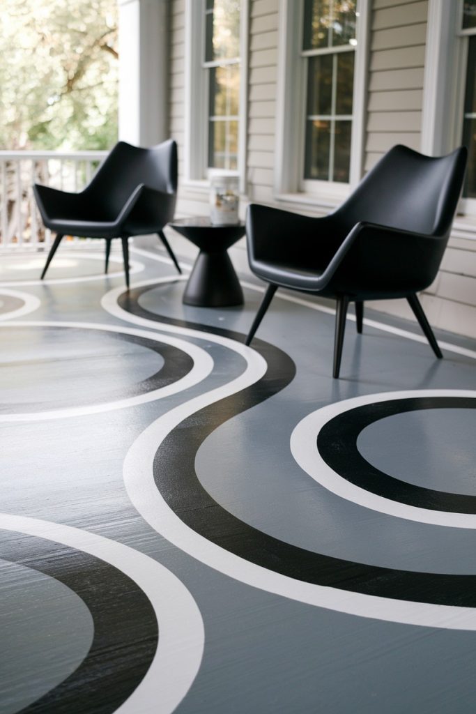 Modern porch with black chairs and a small table on a floor with striking black and white circular patterns.