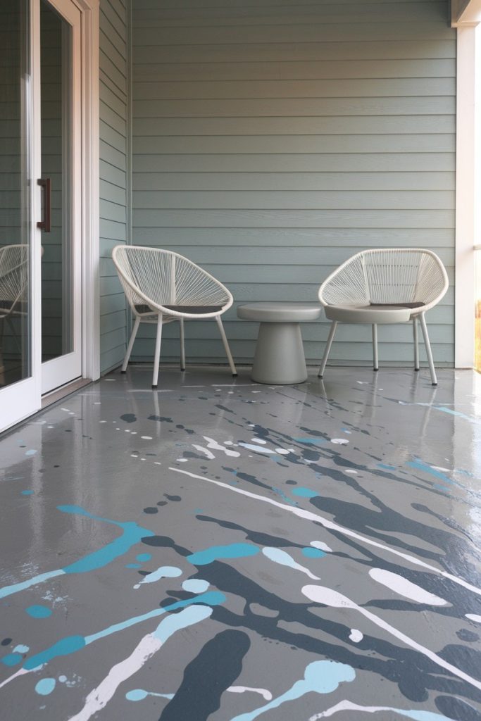 A small patio with two modern white chairs, a round table and a floor with abstract blue and gray paint splashes.