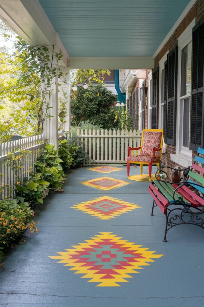 A porch with colorful geometric patterns on the floor, a colorful chair, a striped bench, plants on the side and a white picket fence.