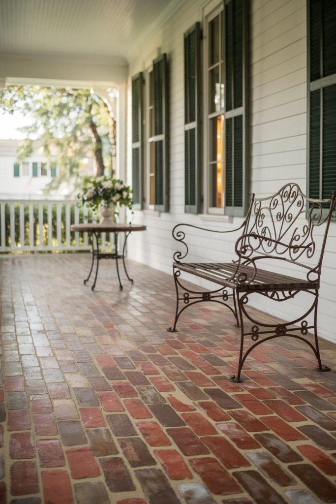 On the brick-floored porch there is a wrought iron bench, a small table with a flower vase and three windows with green shutters.